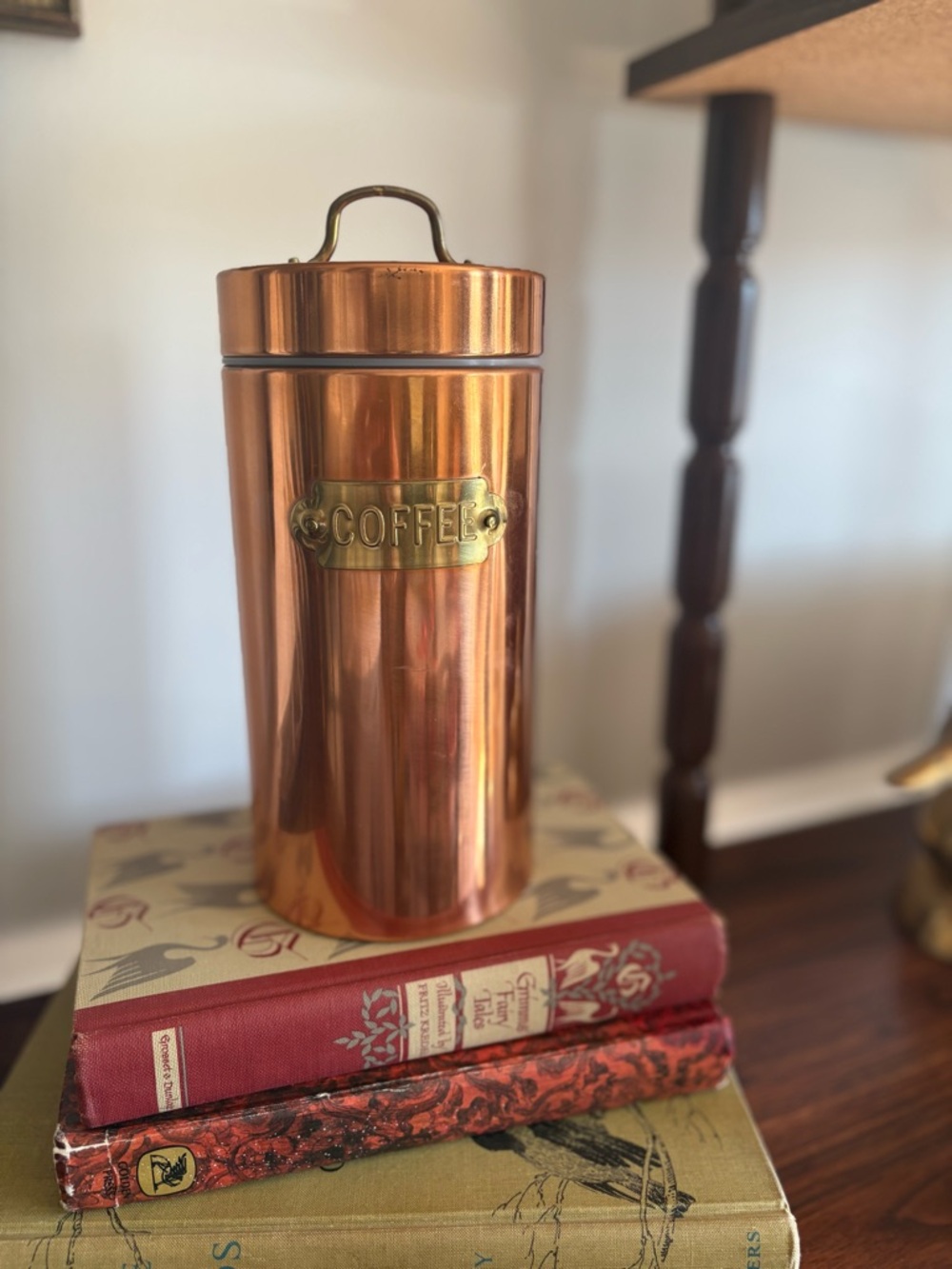 Vintage Copper Coffee Canister with Brass Label, Farmhouse Kitchen Storage, Coff